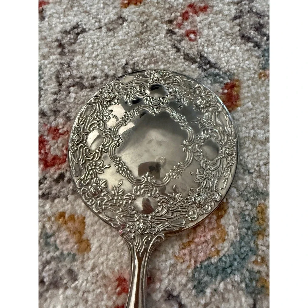 Vintage Silver Ornate Floral Repousse Hand Mirror Victorian Style Vanity Decor